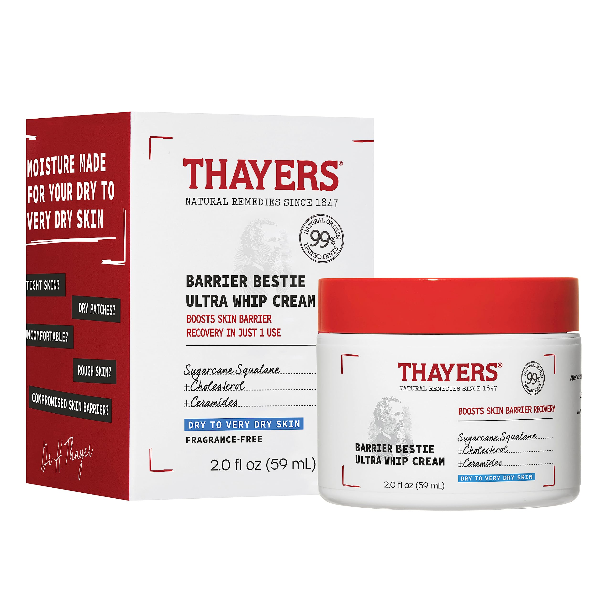 THAYER'S Barrier Bestie Ultra Whip Face Cream for Dry to Very Dry Skin with Sugarcane Squalane and Ceramides, Moisturize